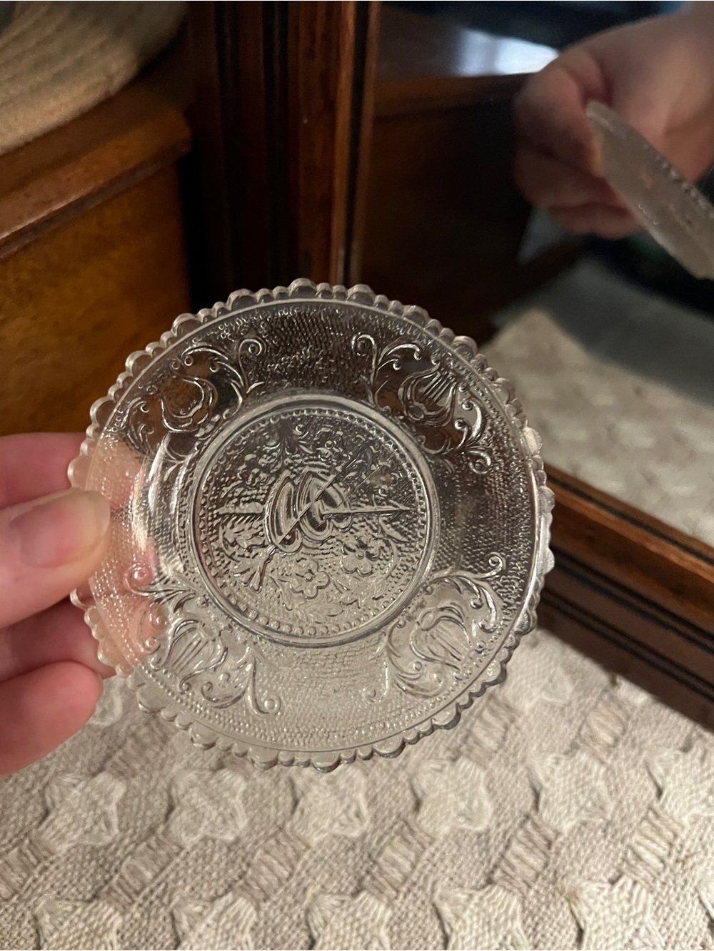 WESTMORELAND Vintage Glass Cup Plate with Lyre and Hearts Motif Approx. 3.5 inch